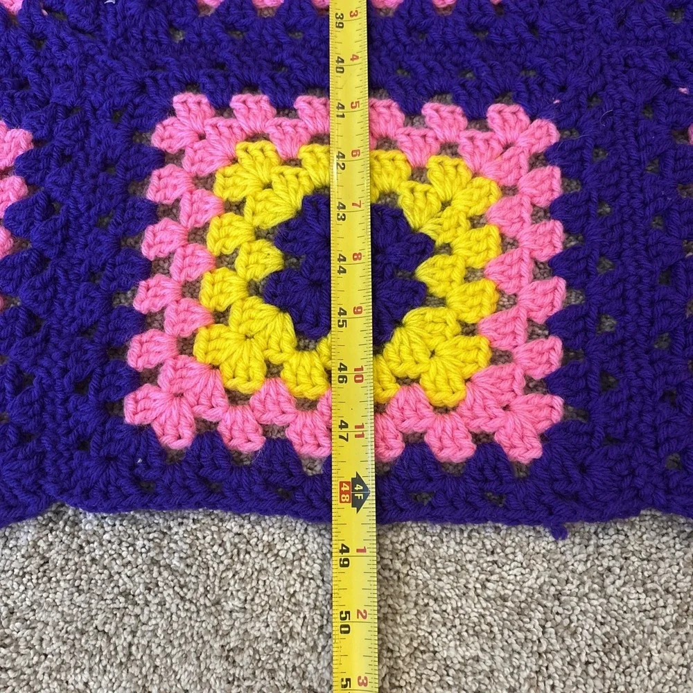 Handmade Crocheted‎ Granny Square Afghan Blanket Purple Pink Yellow 48.5x27.5